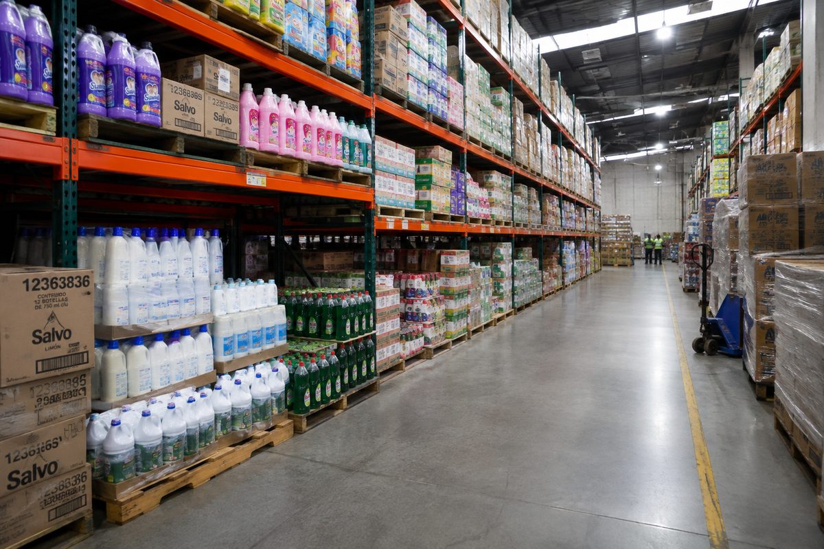 Almacén de productos de consumo con múltiples SKUs en anaqueles