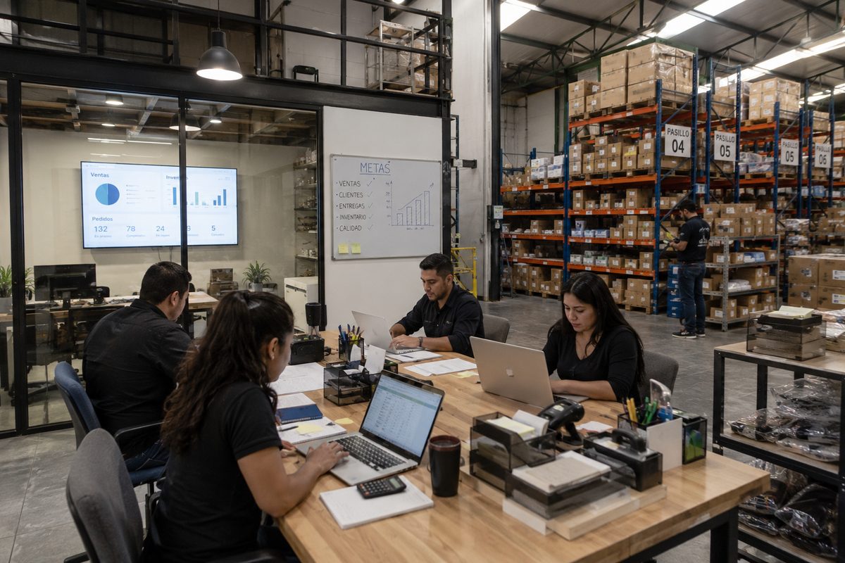 Equipo de una PYME trabajando con tableros de ventas e inventario junto al almacén