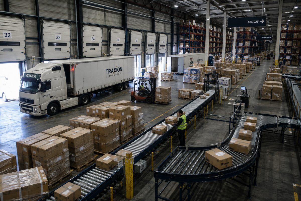 Centro de distribución con andenes, transporte y bandas de clasificación