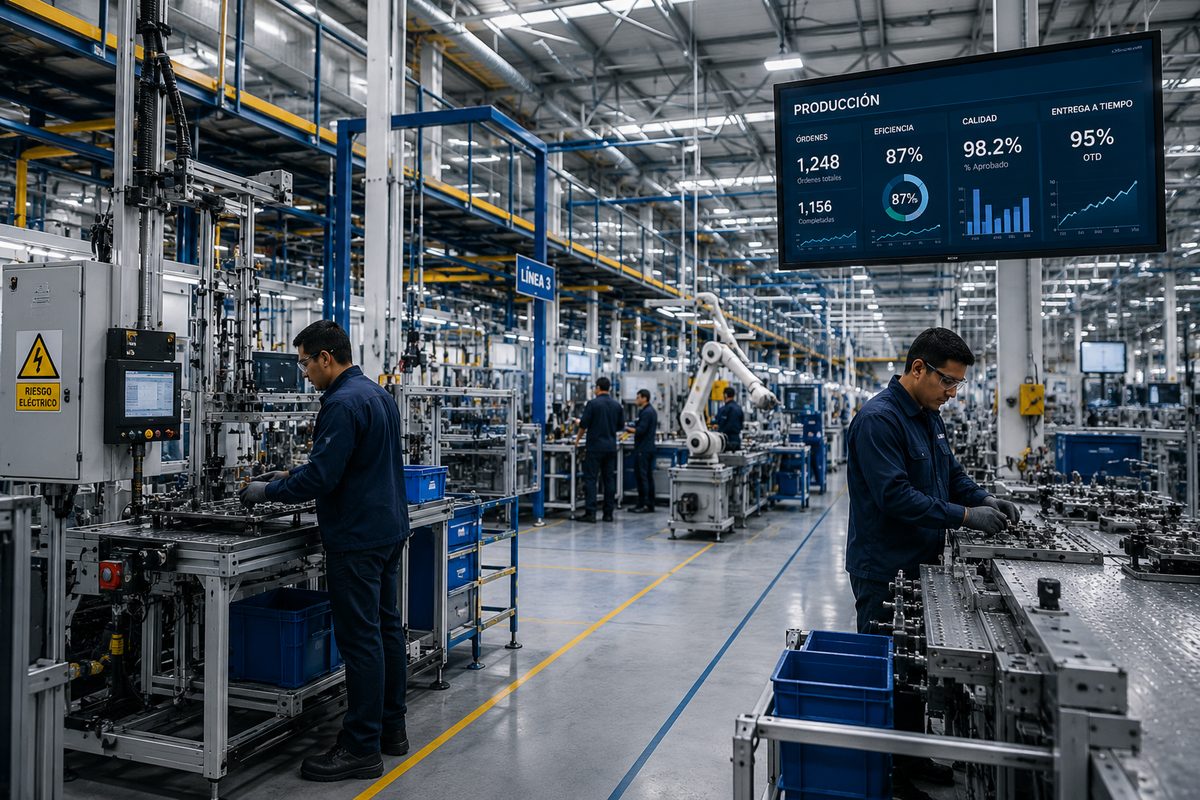 Planta de manufactura con línea de producción y tablero de indicadores